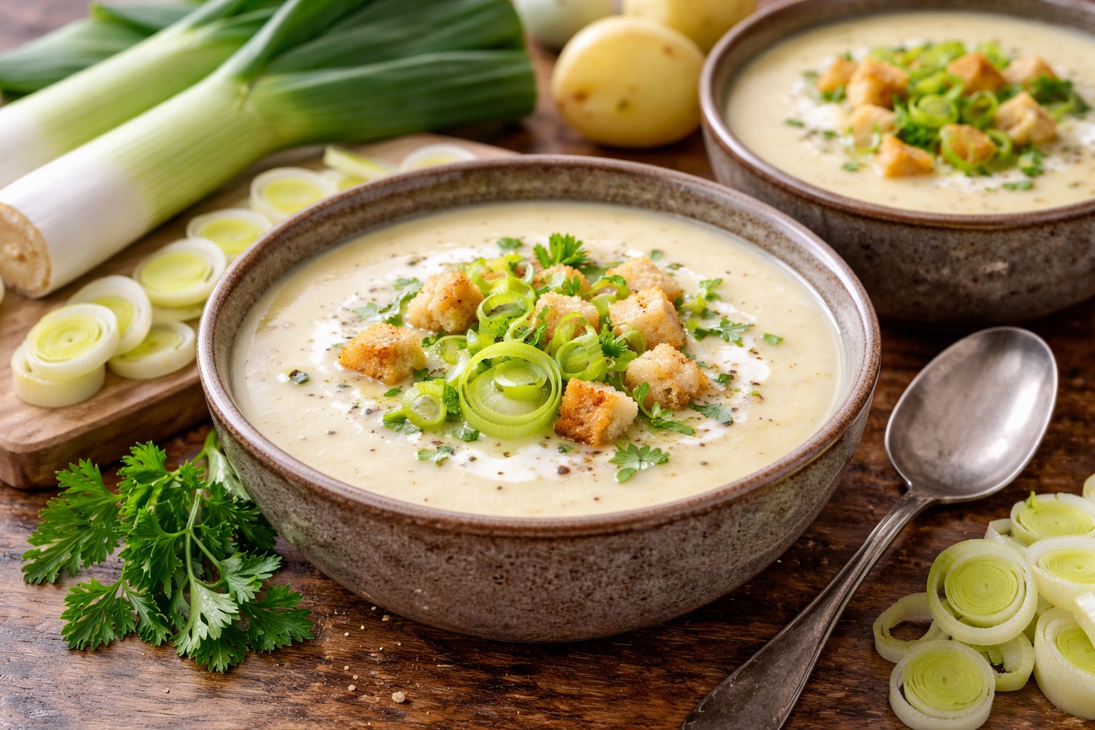 Kartoffelsuppe med porre